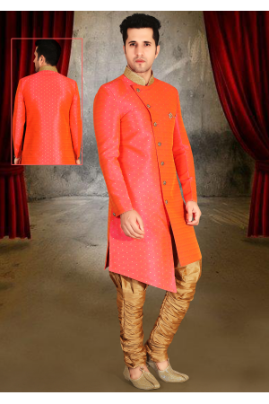 Bright Peach Orange Color Designer New Indo Western Sherwani